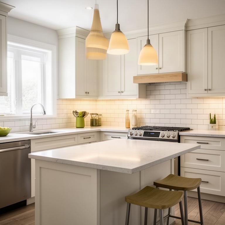 Completed kitchen renovation featuring quartz countertops and a subway tile backsplash in a Sudbury home.