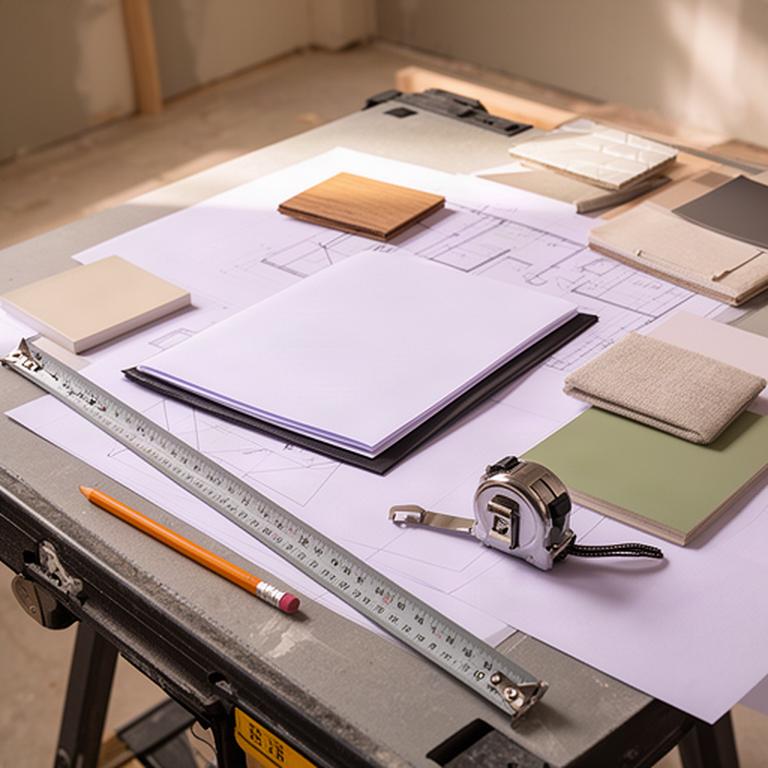Signed home renovation agreement beside building plans and a measuring tape on a worktable