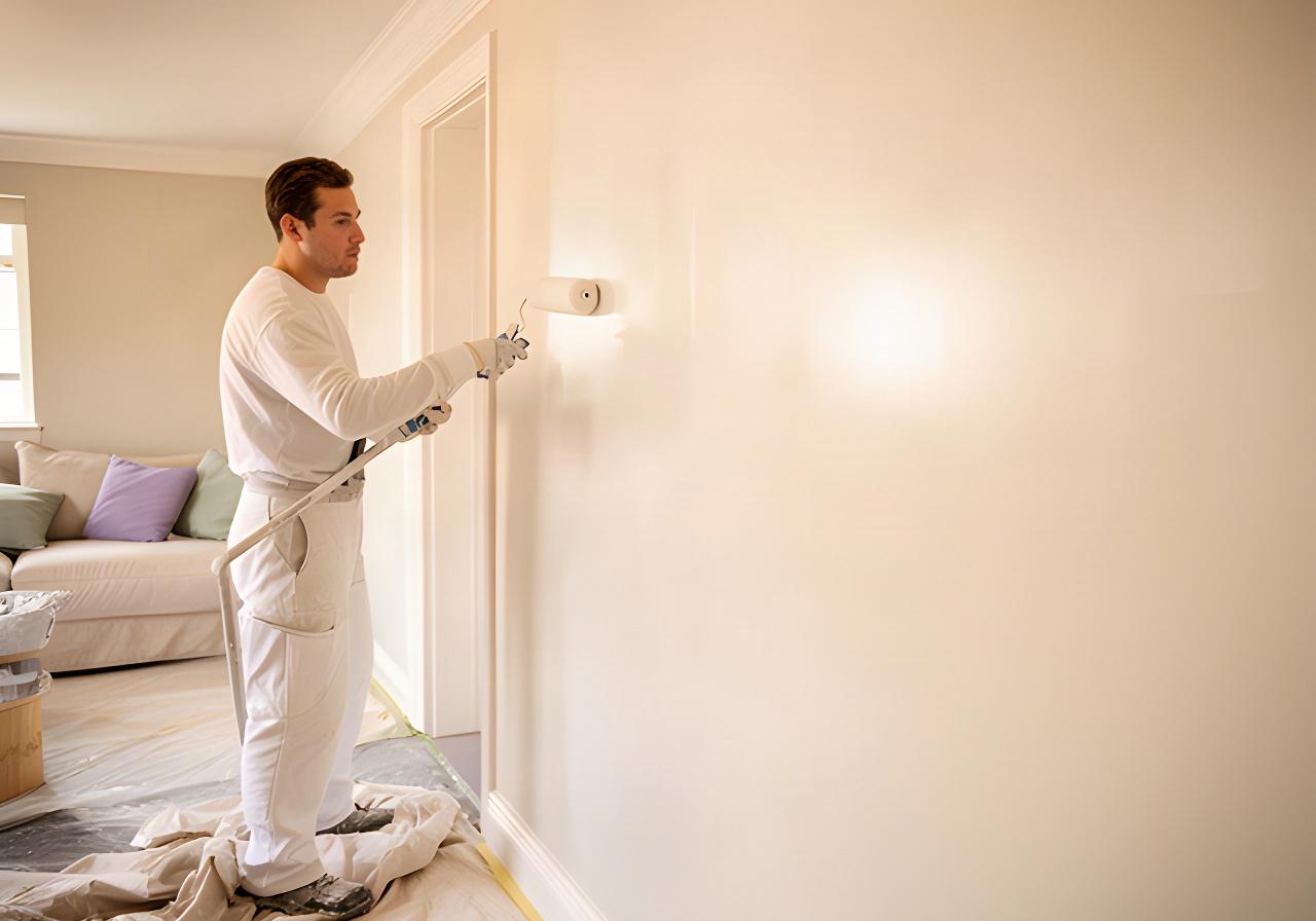 Painter applying a clean coat of warm white paint to a renovated Sudbury living room