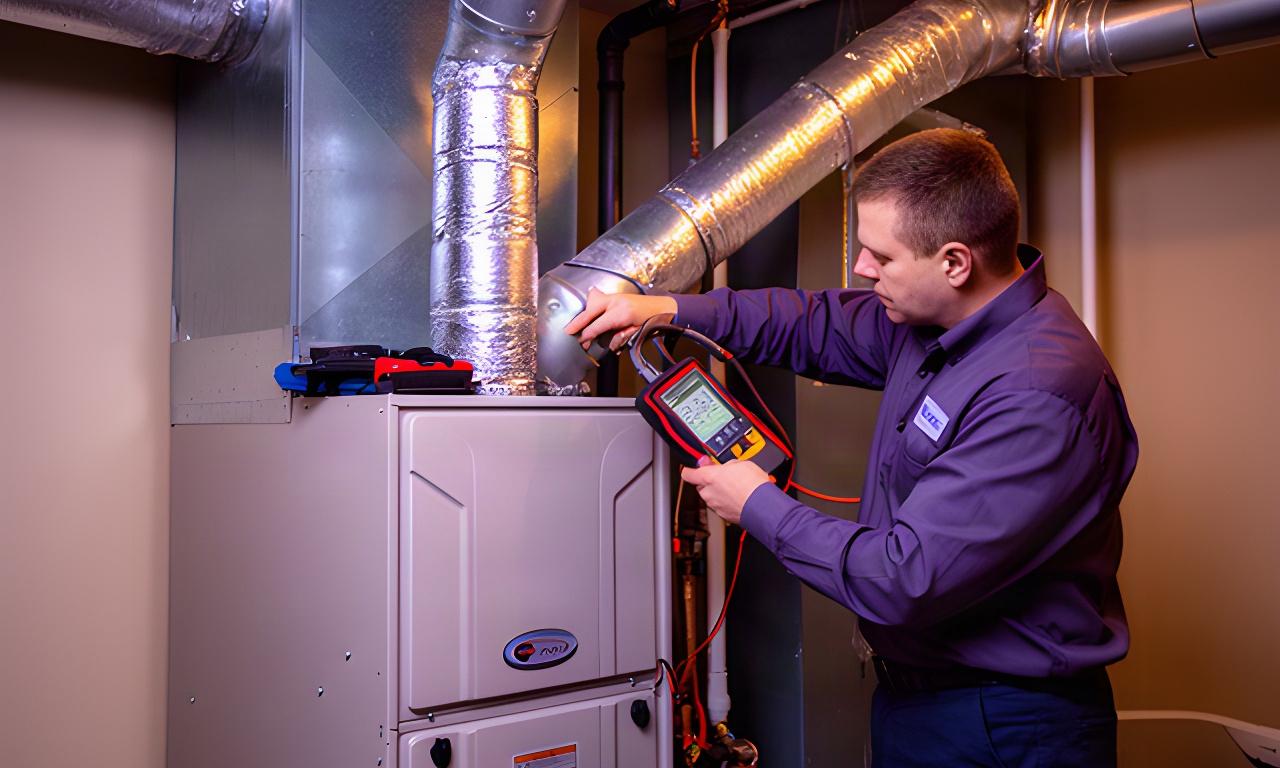 HVAC technician checking a residential furnace and duct connection in a Sudbury utility room