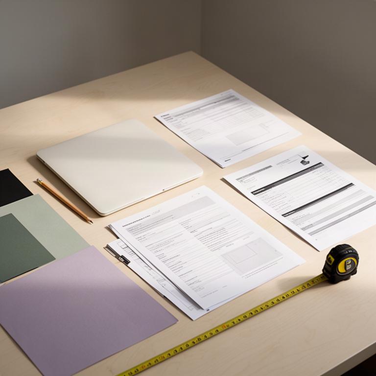 Home renovation documents and a laptop on a clean wooden desk in Sudbury, Ontario