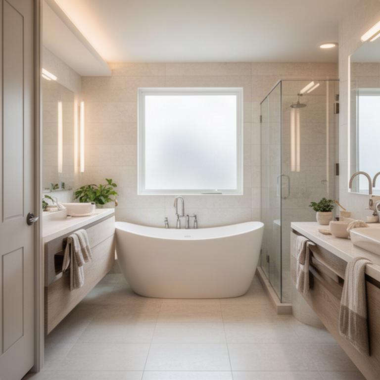 Renovated bathroom with double vanity and a freestanding soaker tub.