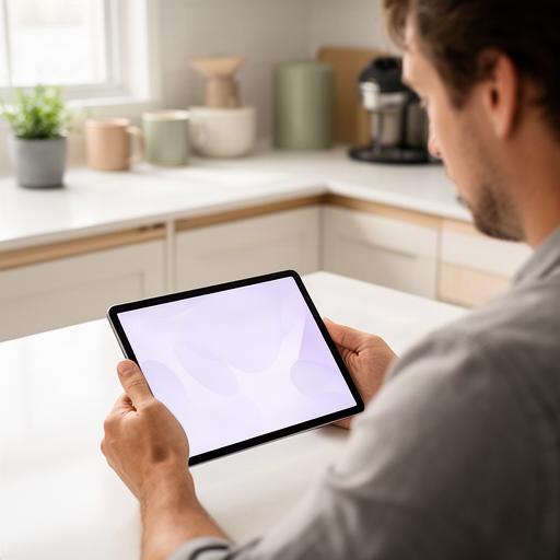 Homeowner reviewing service information on a tablet at a bright kitchen counter